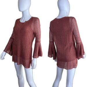 Chico's Women's Size S Bell Sleeve Pullover Open Knit Metallic Tunic Top Boho